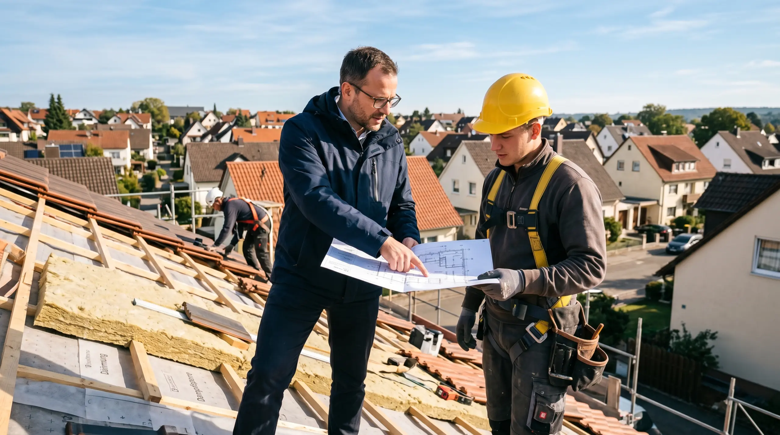 Energieberater und Dachdecker bei der Baubegleitung einer Dachsanierung – S-Tec GmbH