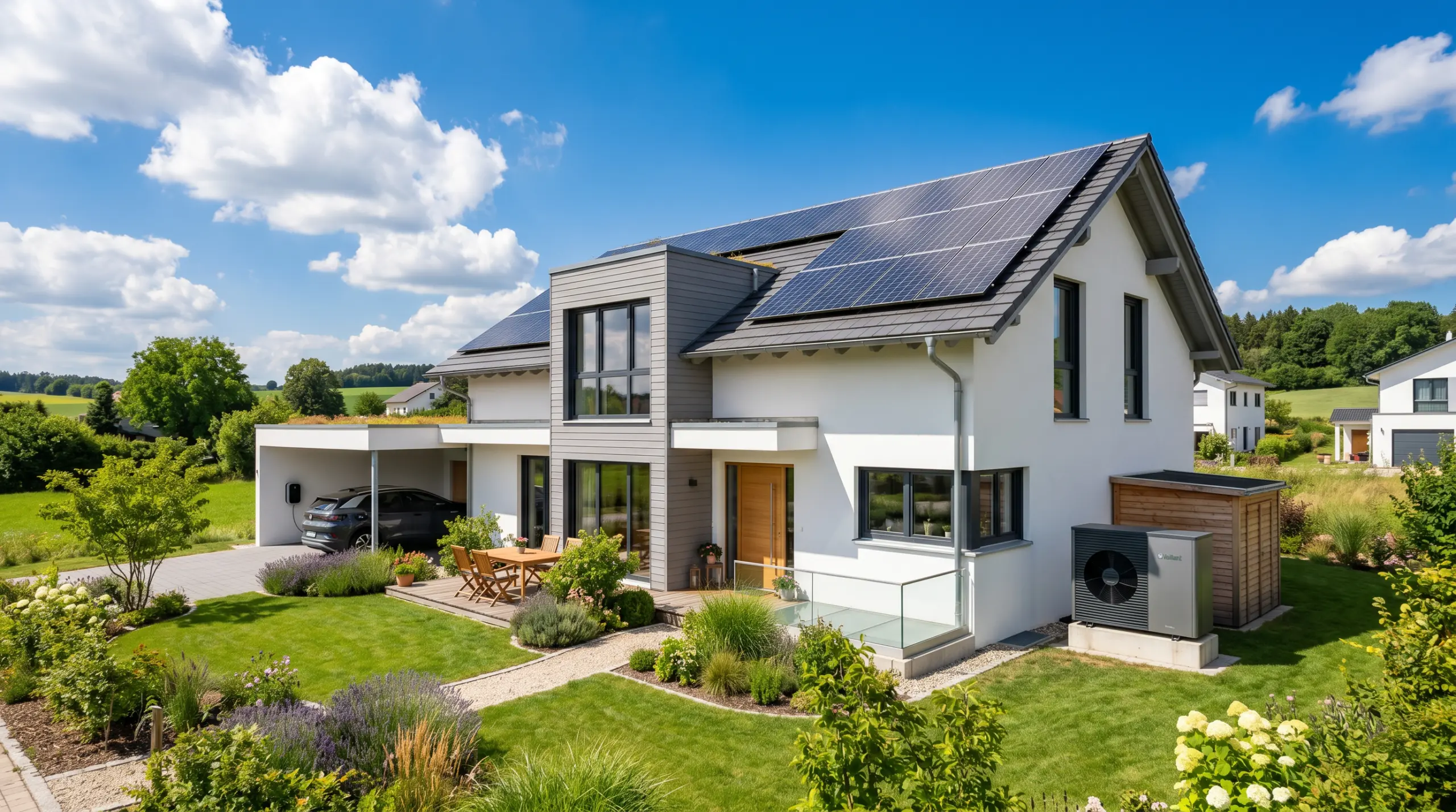 Modernes energieeffizientes Einfamilienhaus mit Photovoltaikanlage und Wärmepumpe an sonnigem Tag – S-Tec GmbH Energieberatung