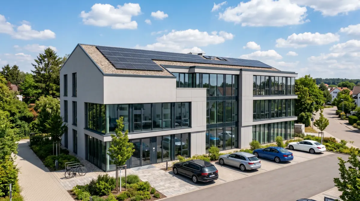 Modernes Bürogebäude mit Photovoltaikanlage auf dem Flachdach – Energieberatung für Nichtwohngebäude und Gewerbeimmobilien, S-Tec GmbH