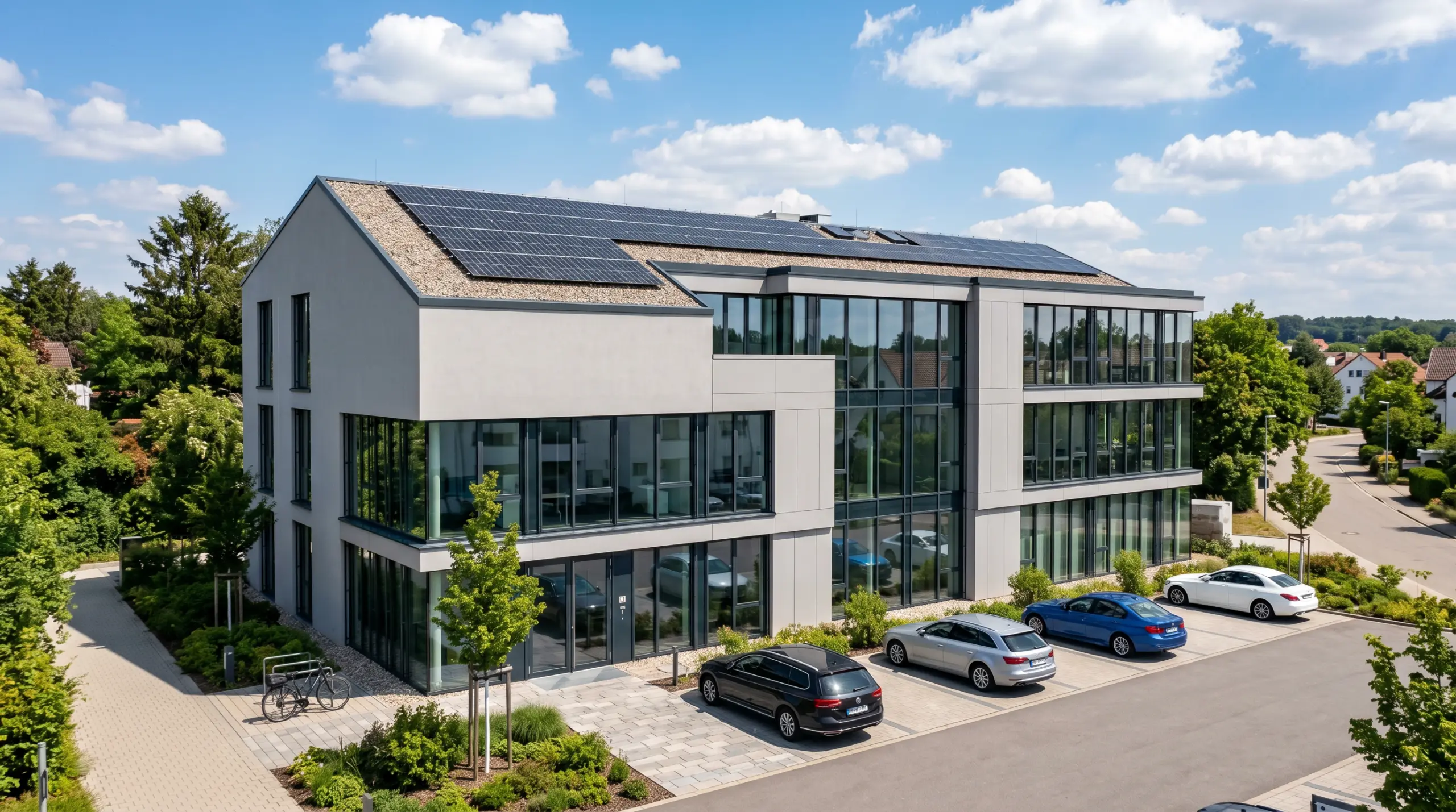 Modernes Bürogebäude mit Photovoltaikanlage auf dem Flachdach – Energieberatung für Nichtwohngebäude und Gewerbeimmobilien, S-Tec GmbH