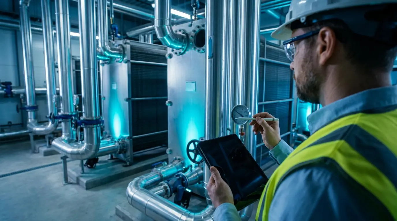 Ingenieur mit Tablet analysiert Anlagentechnik in einem industriellen Betrieb. Prozessanalyse und Potenzialermittlung durch S-Tec GmbH.