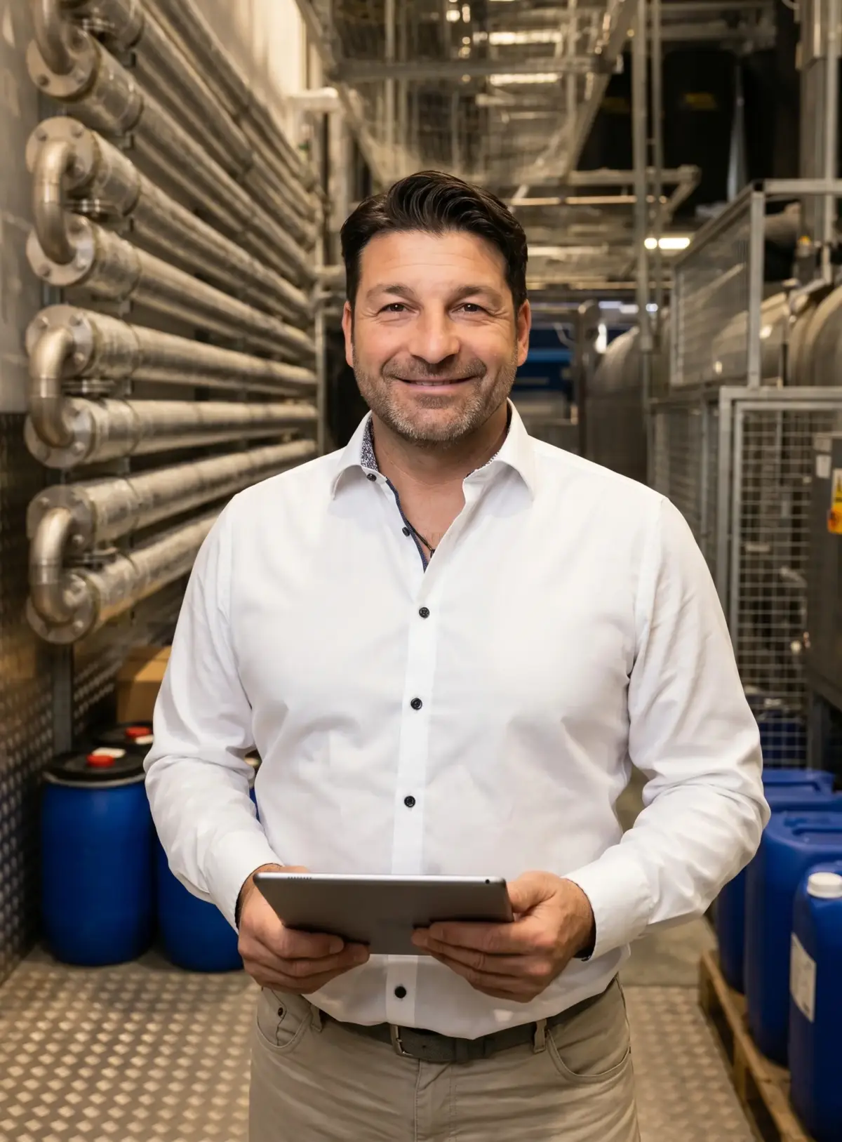 Energieberater Michael Daur mit Tablet in industrieller Anlage